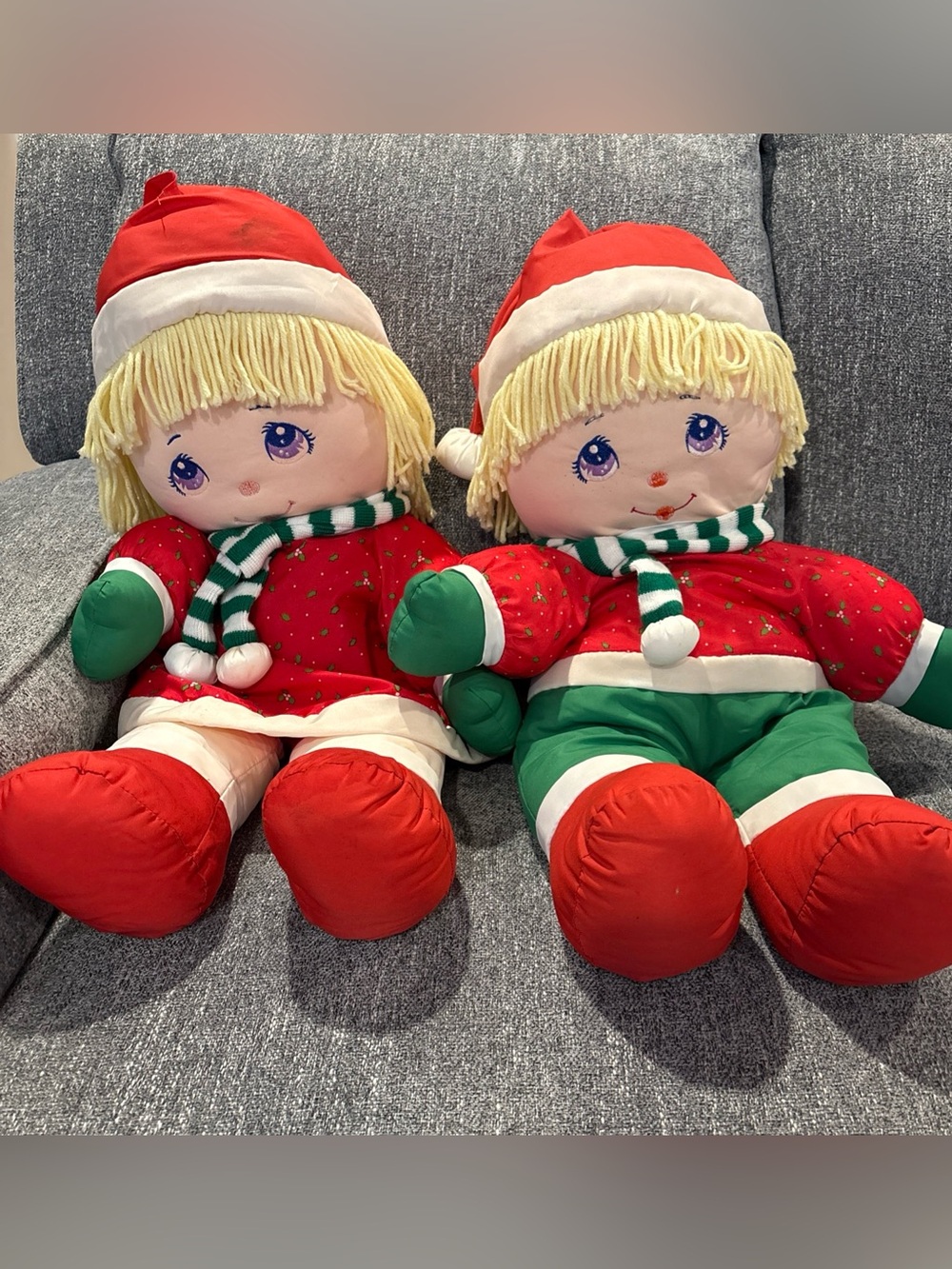 1987 Dolly Mine Holiday CHRISTMAS 27" Rag Doll plush JUMBO Girl & Boy